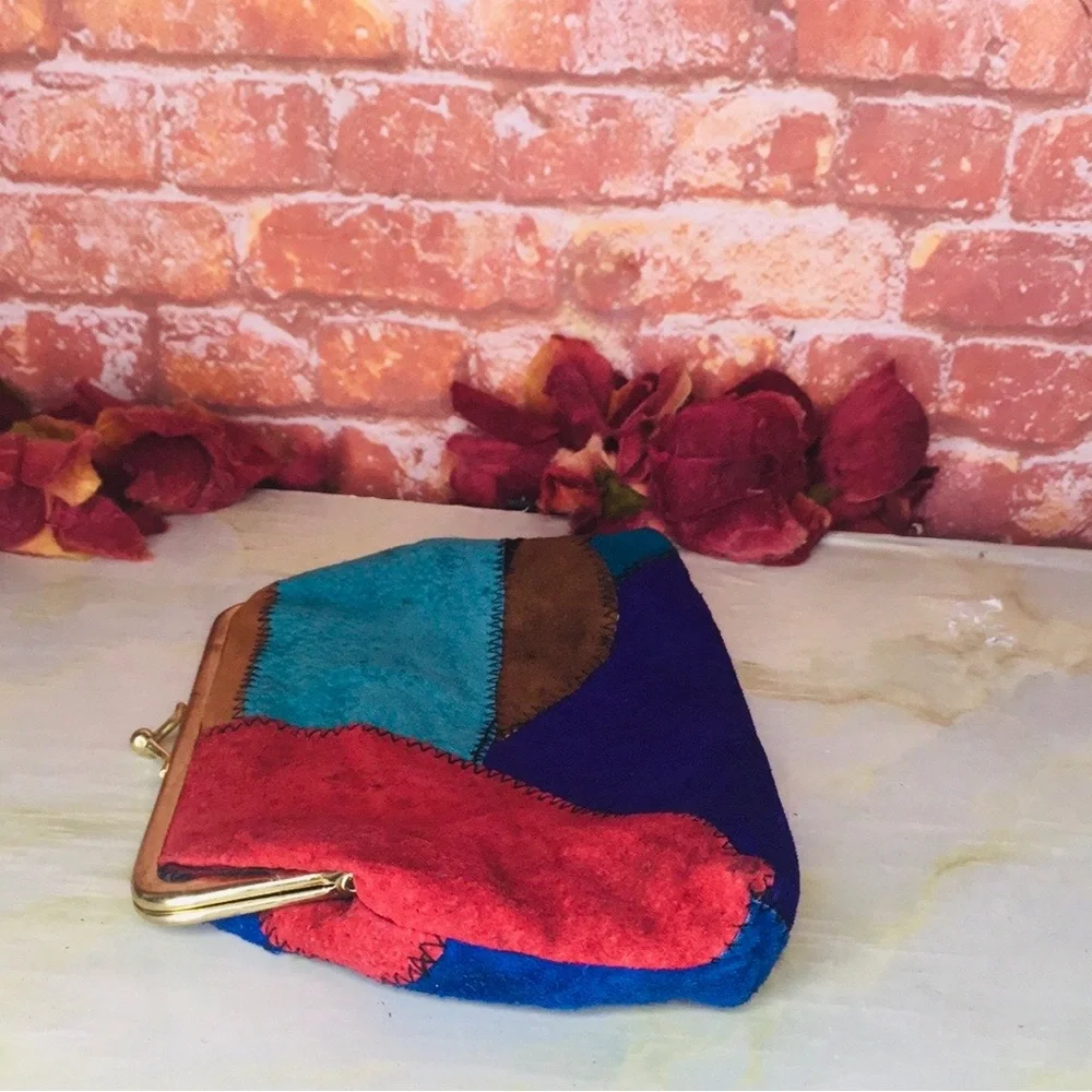 Vintage 70s Colorful Patchwork Kiss-lock Suede Clutch
